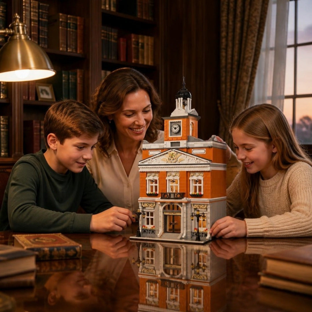 Teacher guiding children as they build the Town Hall set