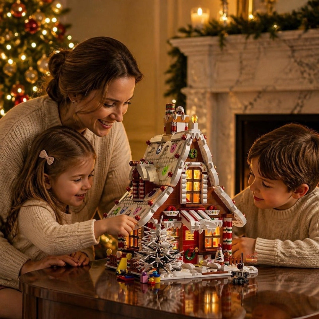 Mother and children building the Gingerbread Cottage by the fireplace