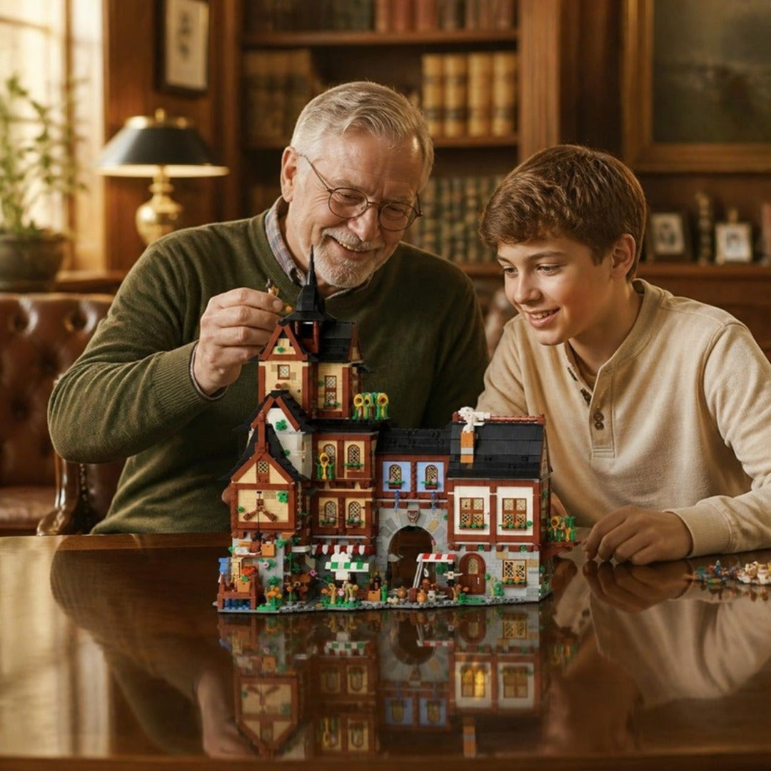 Grandfather and grandson building the Medieval Town set in a library