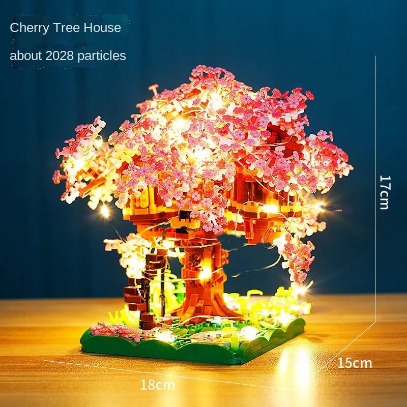 Set de bloques de construcción de casa del árbol de cerezos con luz LED
