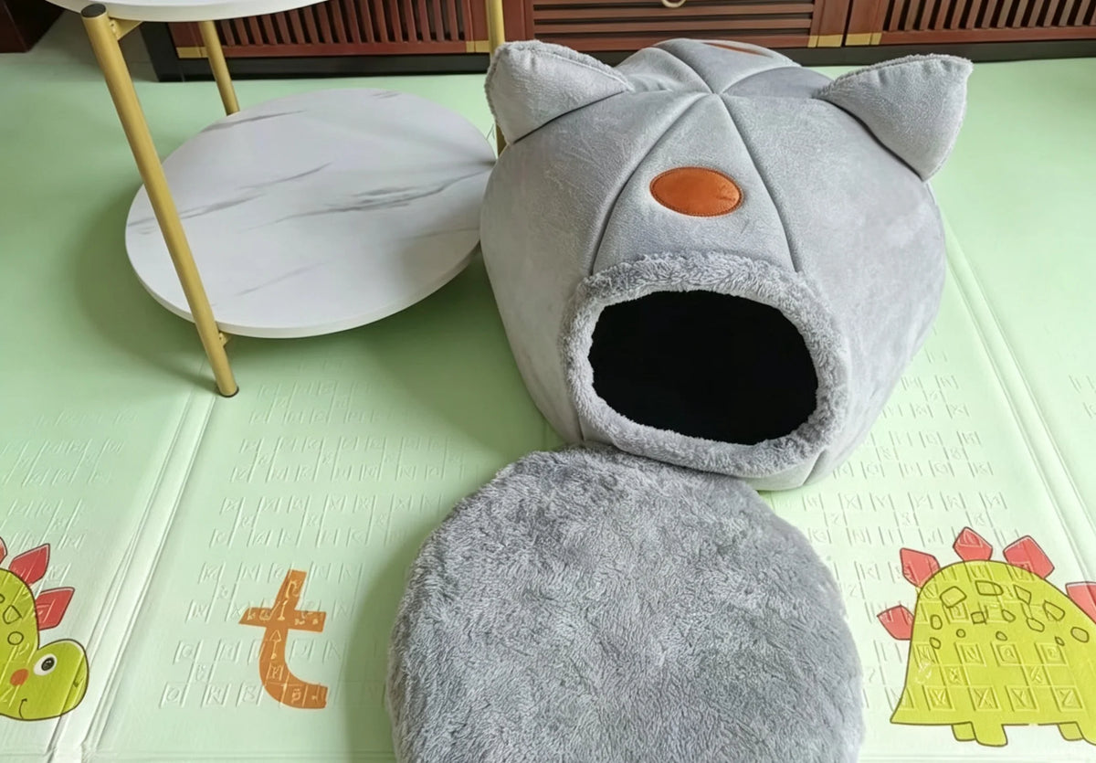 Cama tipo cueva con orejas de gato: cama de invierno semiabierta para mascotas