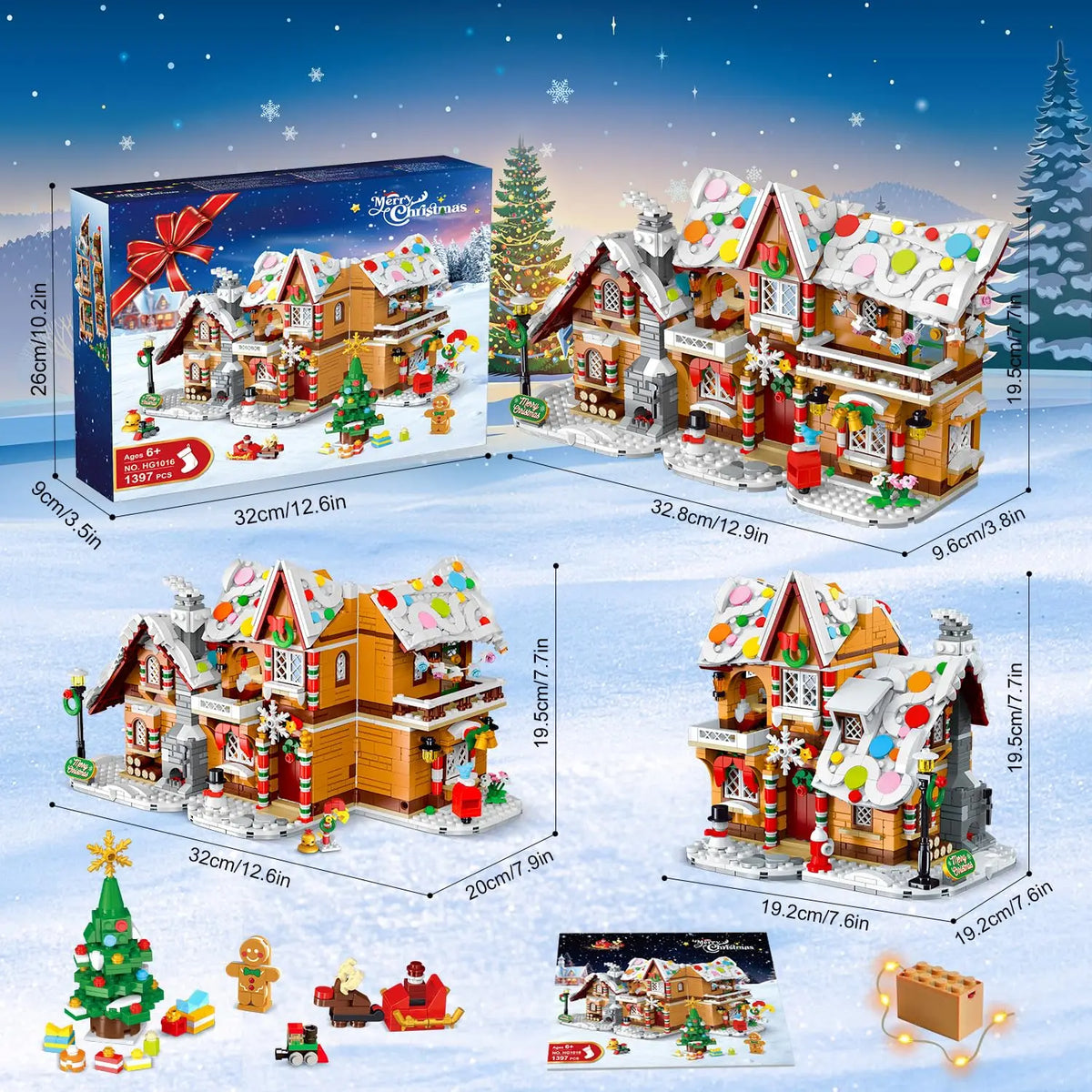 Set de bloques de construcción de casita de jengibre navideña con luces LED – 1397 piezas