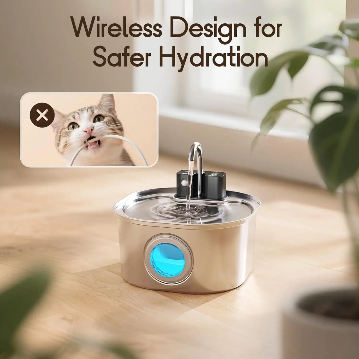Fuente de agua inalámbrica de acero inoxidable para gatos de 3L – Sensor de movimiento, recargable