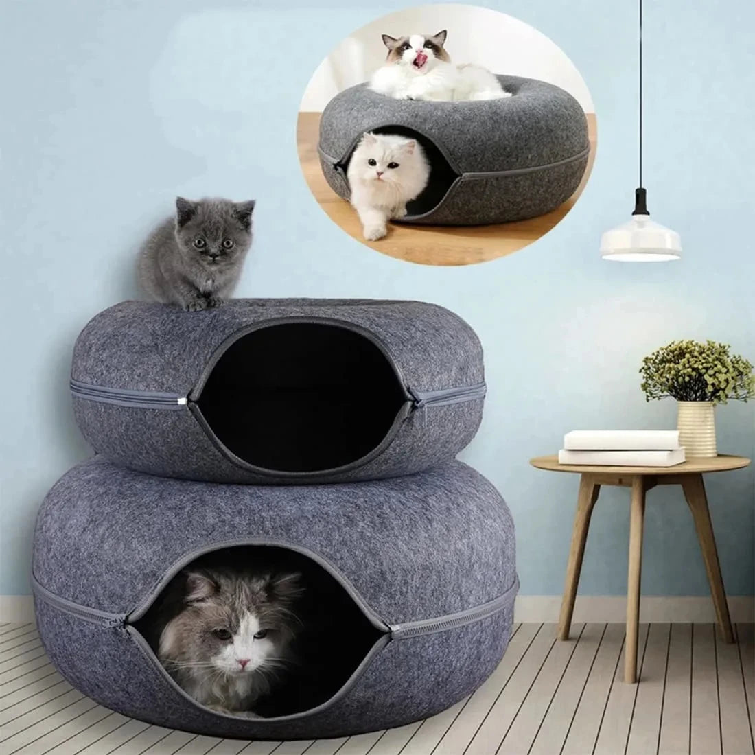 Cama túnel para gatos de fieltro – Nido tipo dona redonda con orificios para jugar