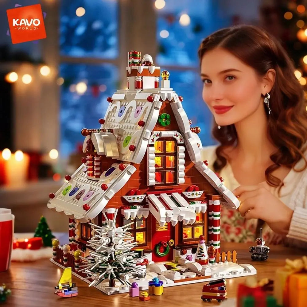 Gingerbread cottage lit at night