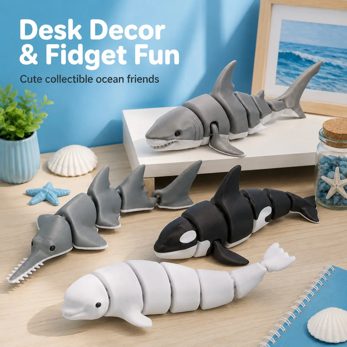 Figuras de animales marinos articulados: tiburón y ballena impresos en 3D