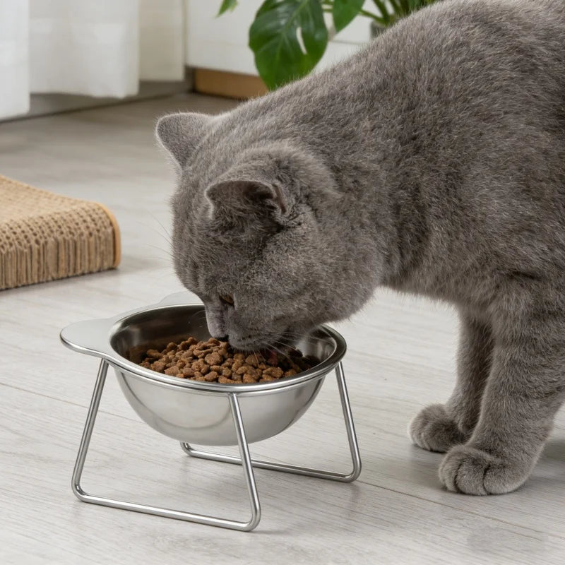 Comedero elevado e inclinado de acero inoxidable para gatos