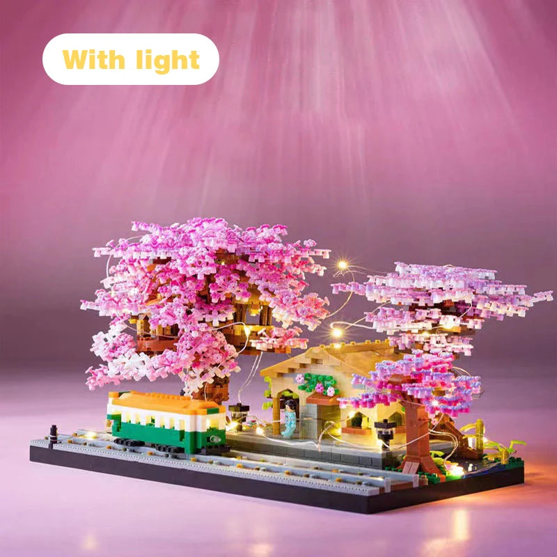 Set de bloques de construcción de casa del árbol de cerezos con luz LED