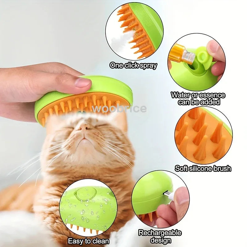 Cepillo de vapor 3 en 1 para mascotas: Peine de masaje con spray para gatos y perros