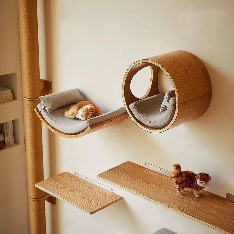 Estantes de madera para escalar gatos montados en la pared