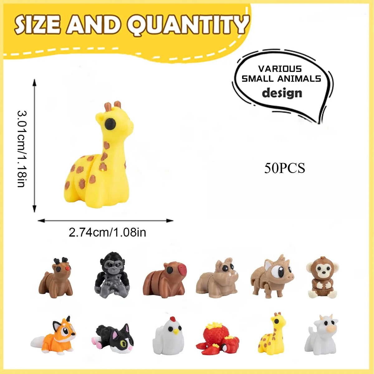 Set de mini figuras de animales: 50 animales articulados impresos en 3D aleatorios