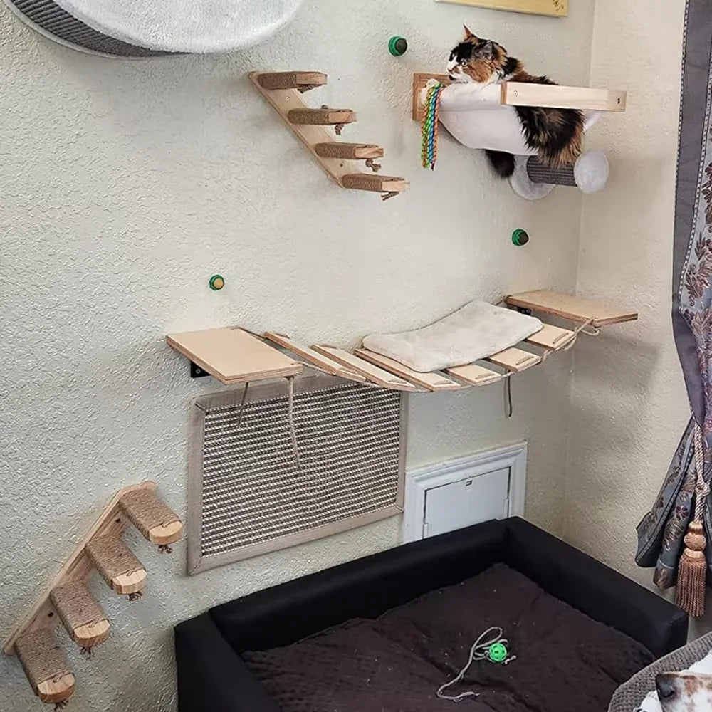 Estantes de madera para escalar gatos montados en la pared