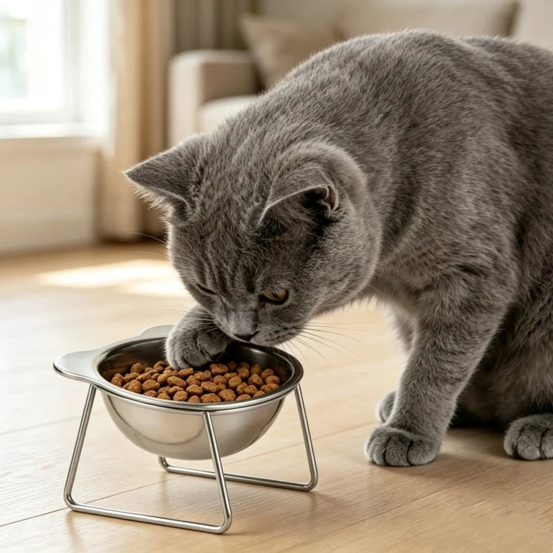 Comedero elevado e inclinado de acero inoxidable para gatos
