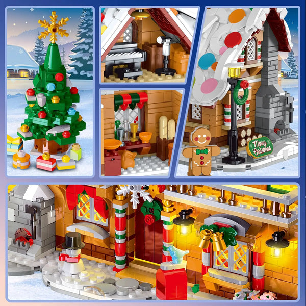 Set de bloques de construcción de casita de jengibre navideña con luces LED – 1397 piezas