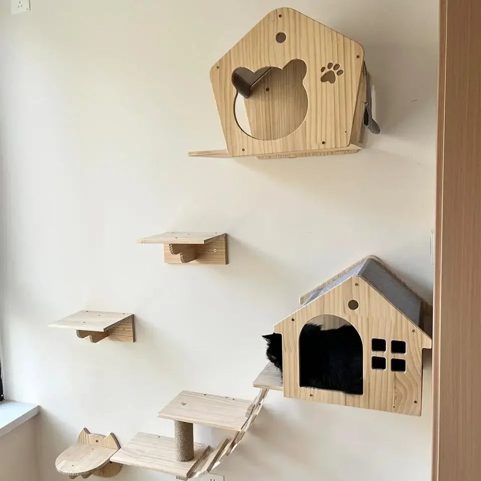 Estantes de madera para escalar gatos montados en la pared
