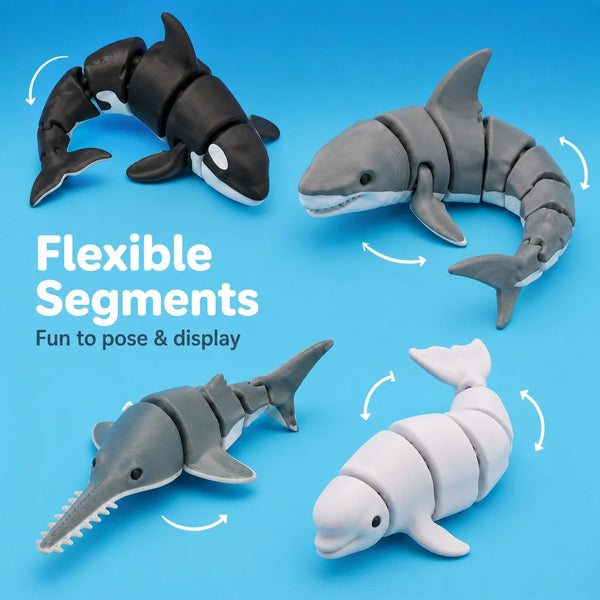 Figuras de animales marinos articulados: tiburón y ballena impresos en 3D