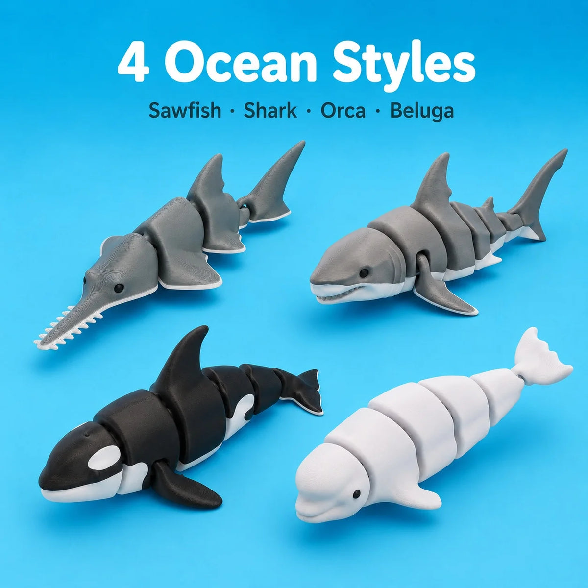 Figuras de animales marinos articulados: tiburón y ballena impresos en 3D