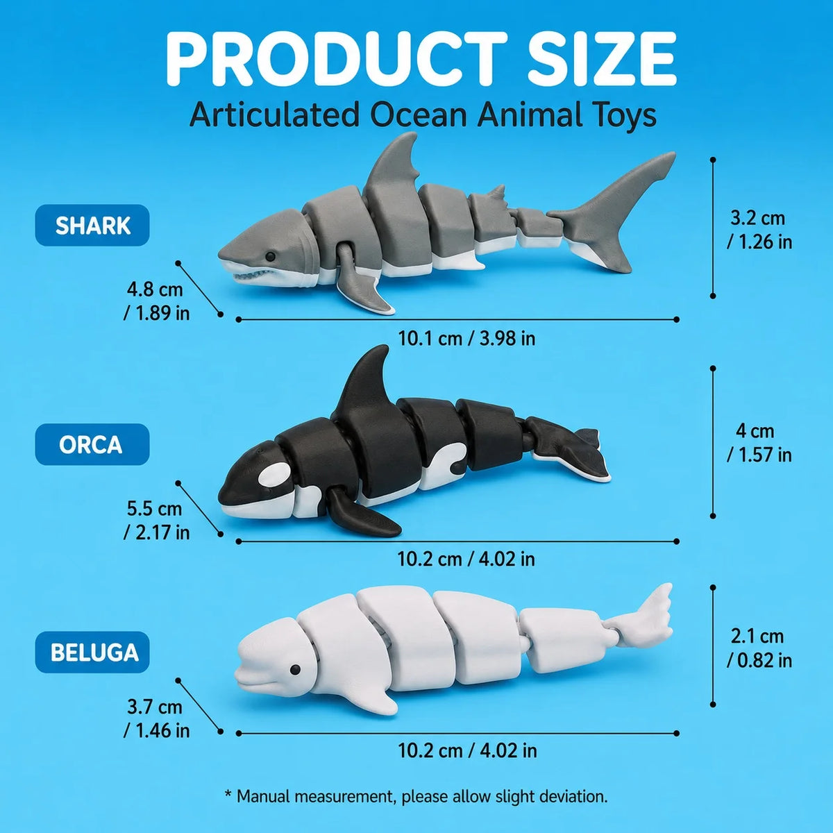 Figuras de animales marinos articulados: tiburón y ballena impresos en 3D