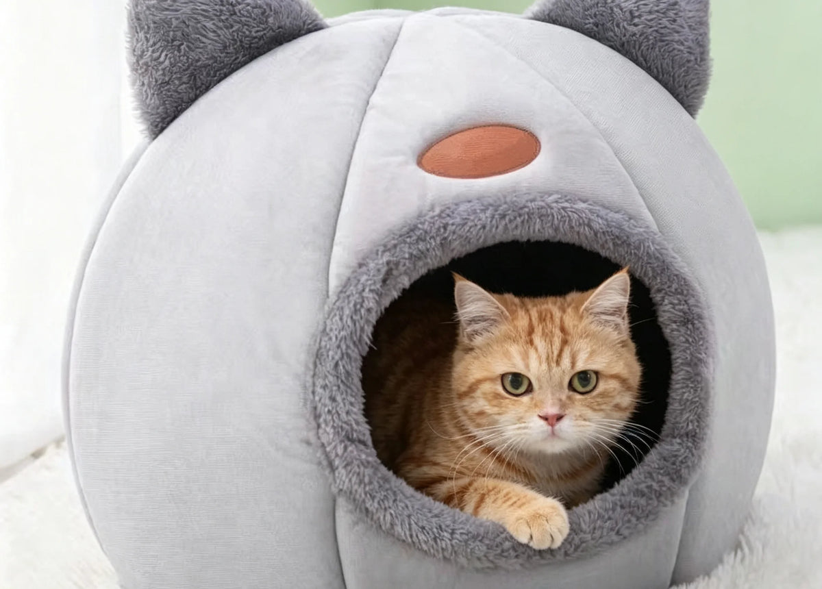 Cama tipo cueva con orejas de gato: cama de invierno semiabierta para mascotas