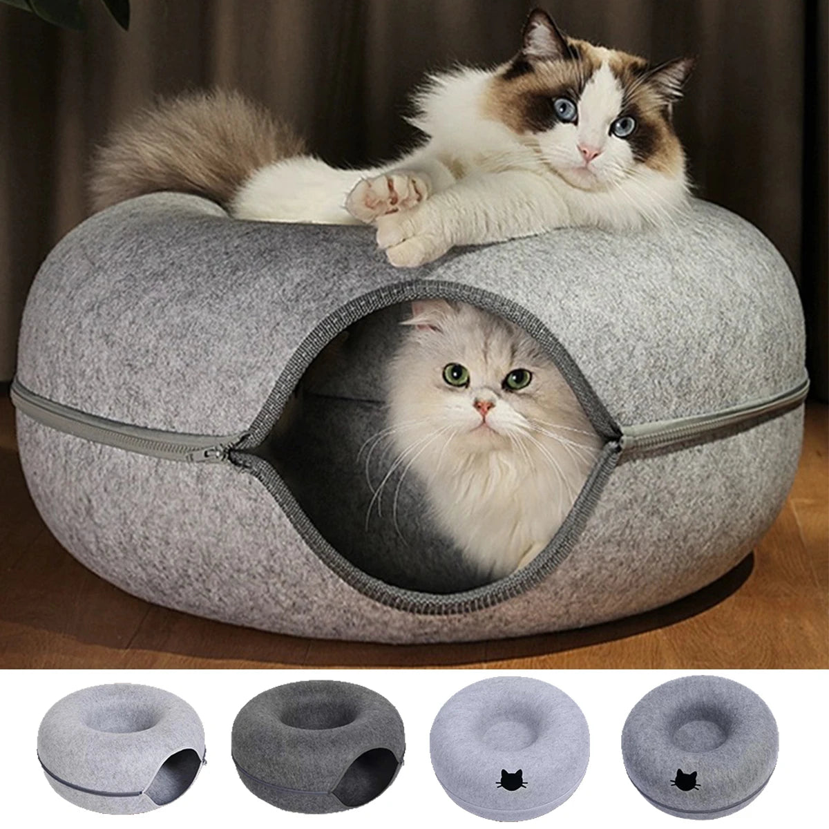 Cama túnel para gatos de fieltro – Nido tipo dona redonda con orificios para jugar