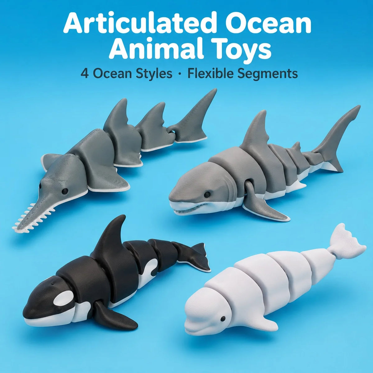 Figuras de animales marinos articulados: tiburón y ballena impresos en 3D