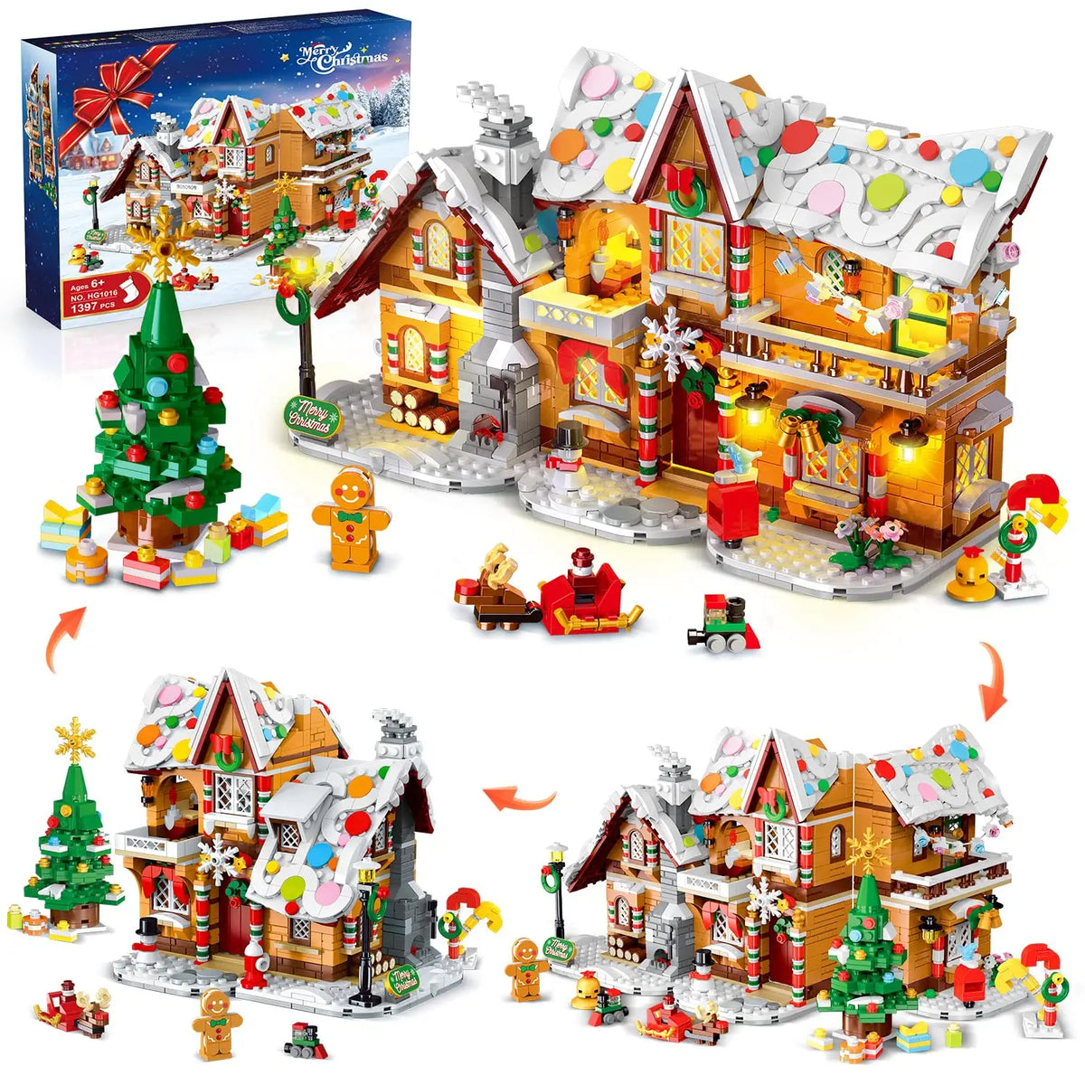 Set de bloques de construcción de casita de jengibre navideña con luces LED – 1397 piezas