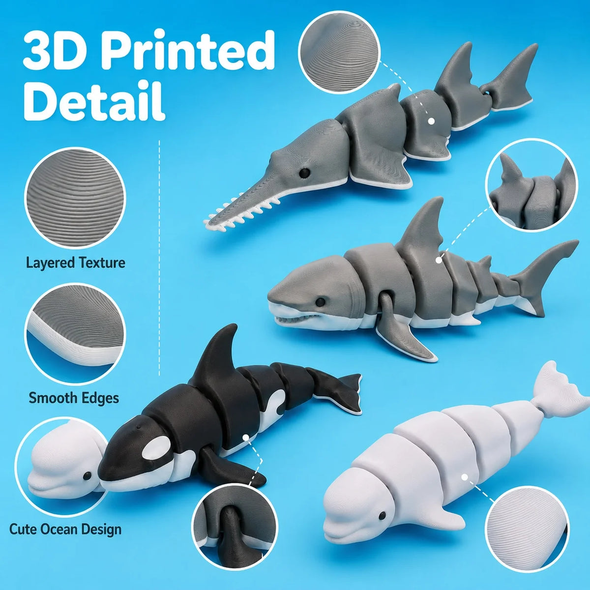 Figuras de animales marinos articulados: tiburón y ballena impresos en 3D