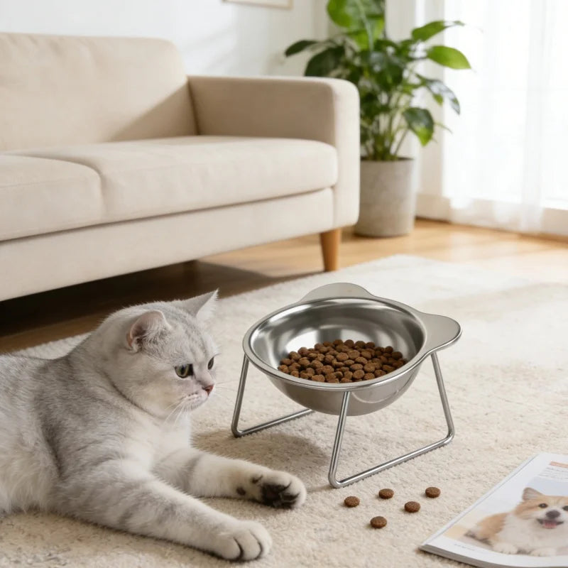 Comedero elevado e inclinado de acero inoxidable para gatos