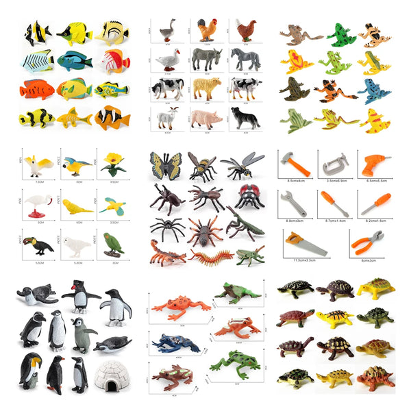 Set de figuras de animales: modelos de granja, bosque, océano e insectos