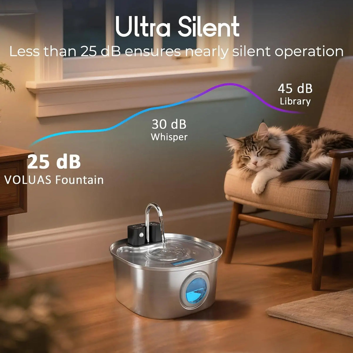 Fuente de agua inalámbrica de acero inoxidable para gatos de 3L – Sensor de movimiento, recargable