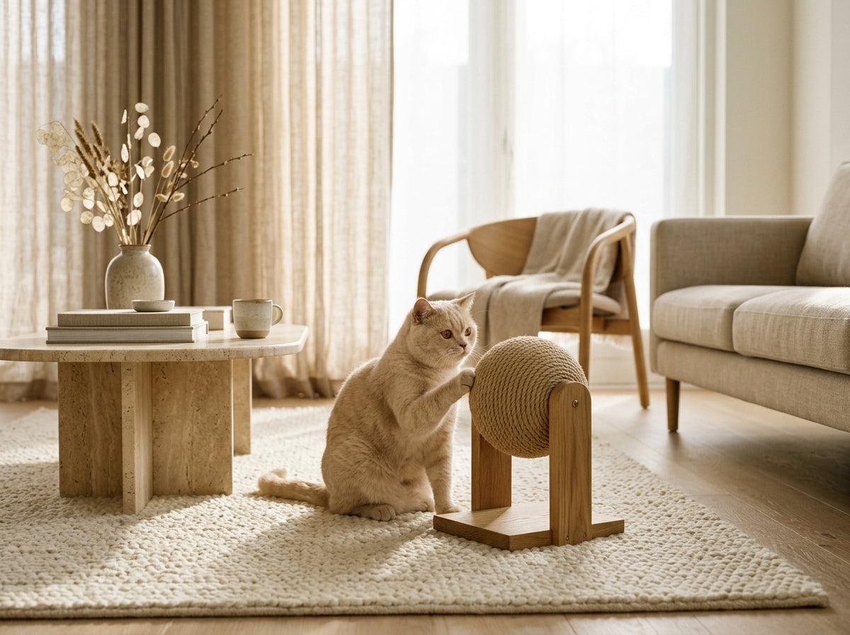 British Shorthair with Novalace Sphère in Japandi Living Room